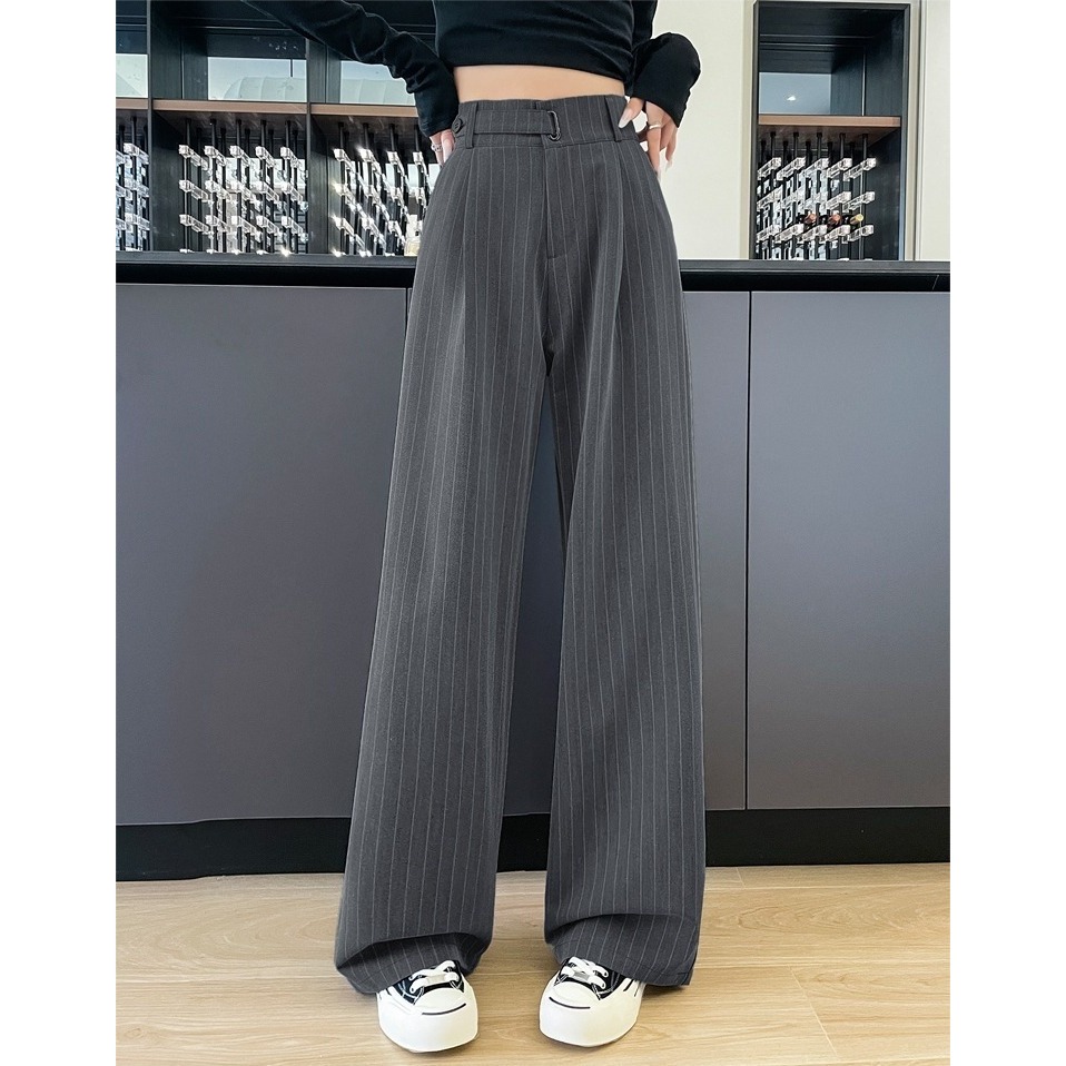 骨格ナチュラルピンストライプワイドレッグストレートパンツ